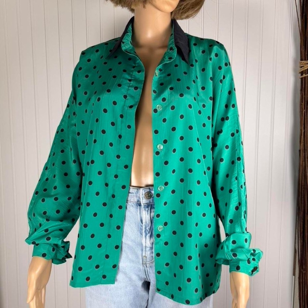 CHAUS emerald green polka dot vintage blouse